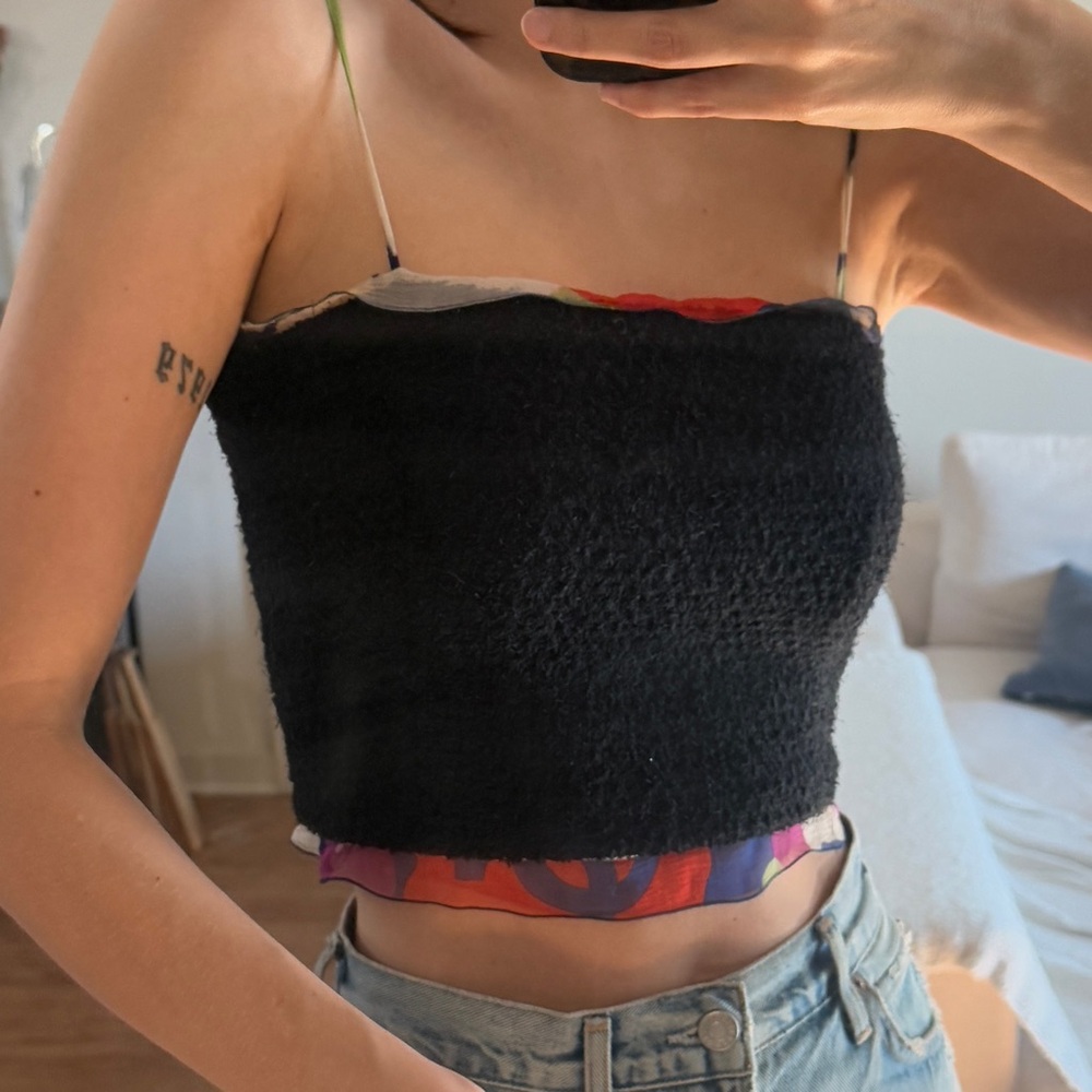 CHANEL Black Tweed top with colorful lining from Tokyo!